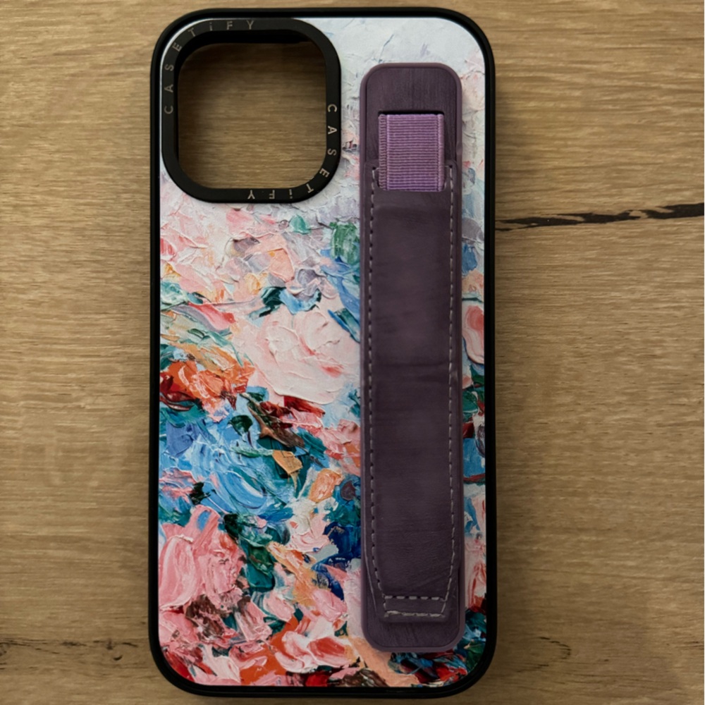 iPhone 13 Pro Max Casetify case - water colour pattern - with purple strap grip